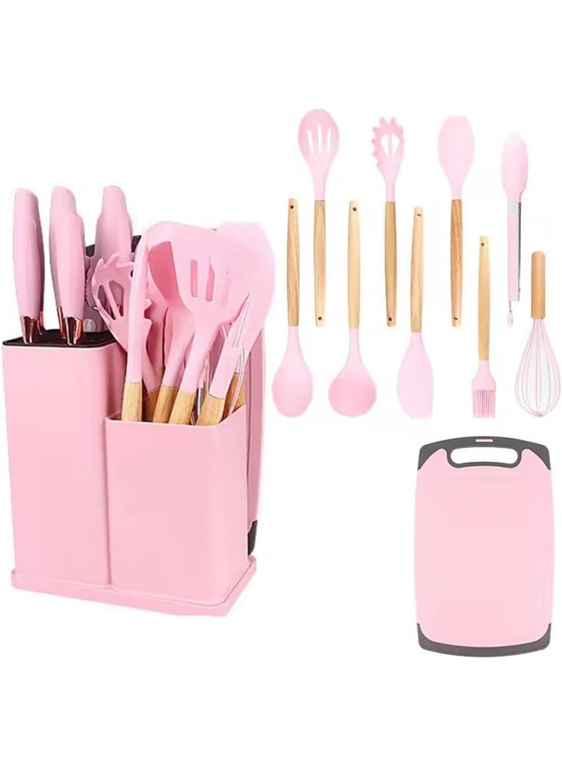 DubaiGallery 19Pcs Kitchen Utensils Set Silicone Cooking Tools With Wooden Handles, Heat Resistant Non Stick Safe Spatulas Spoons Whisk Tongs Knives Cutting Board Complete Cooking Accessories Set for Modern Home Kitchen - Image 1